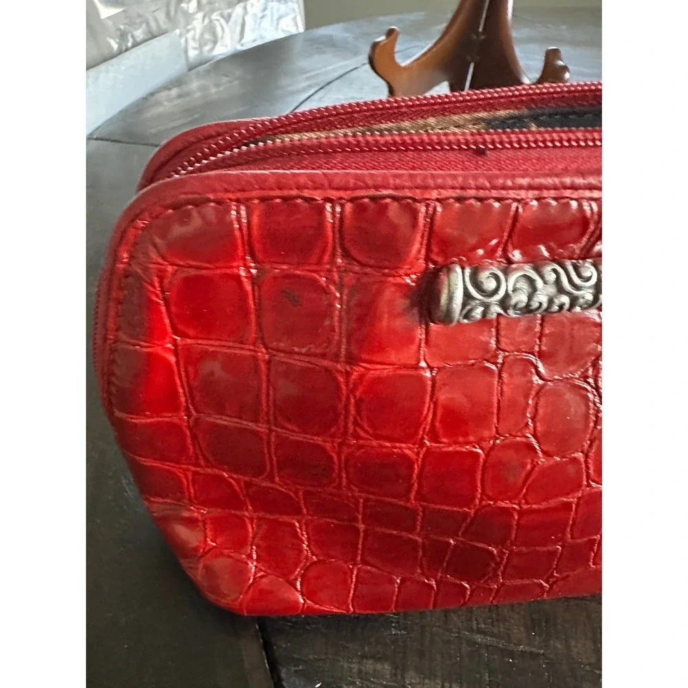 Brighton Red Croc Embossed Patent Leather Cosmetic Pouch Leopard Print Linin GUC